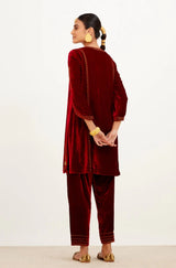 Heena Somani in Maroon Embroidered Velvet Short Kurta Salwar Set