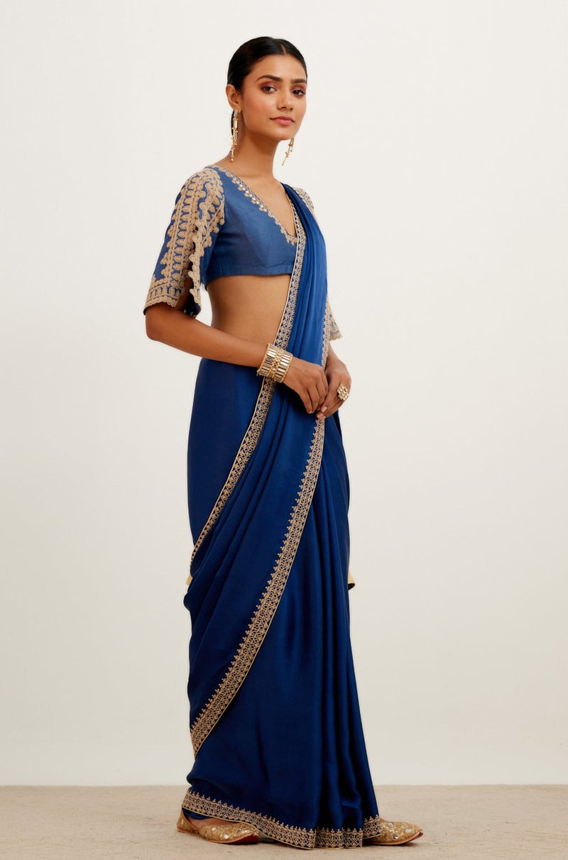 Blue Embroidered Satin Saree