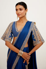 Blue Embroidered Satin Saree