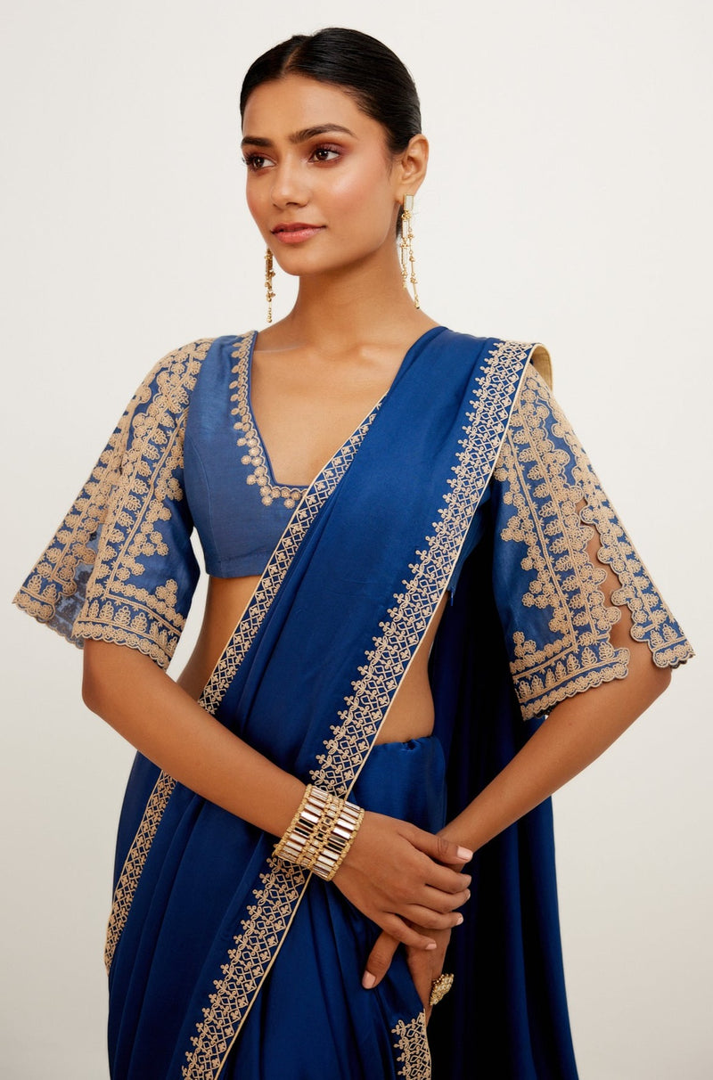 Blue Embroidered Satin Saree