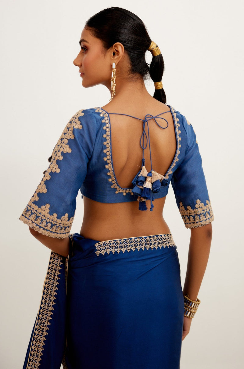 Blue Embroidered Satin Saree