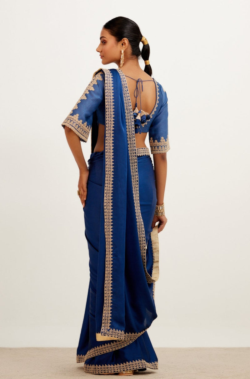 Blue Embroidered Satin Saree