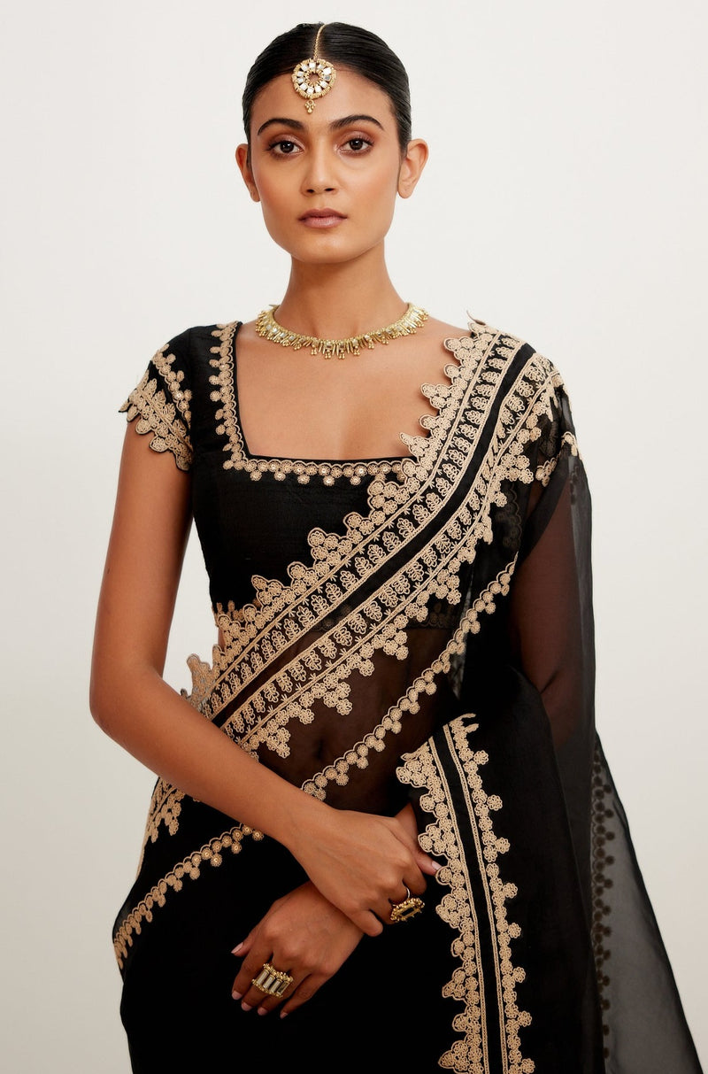 Black Embroidered Georgette Organza Saree