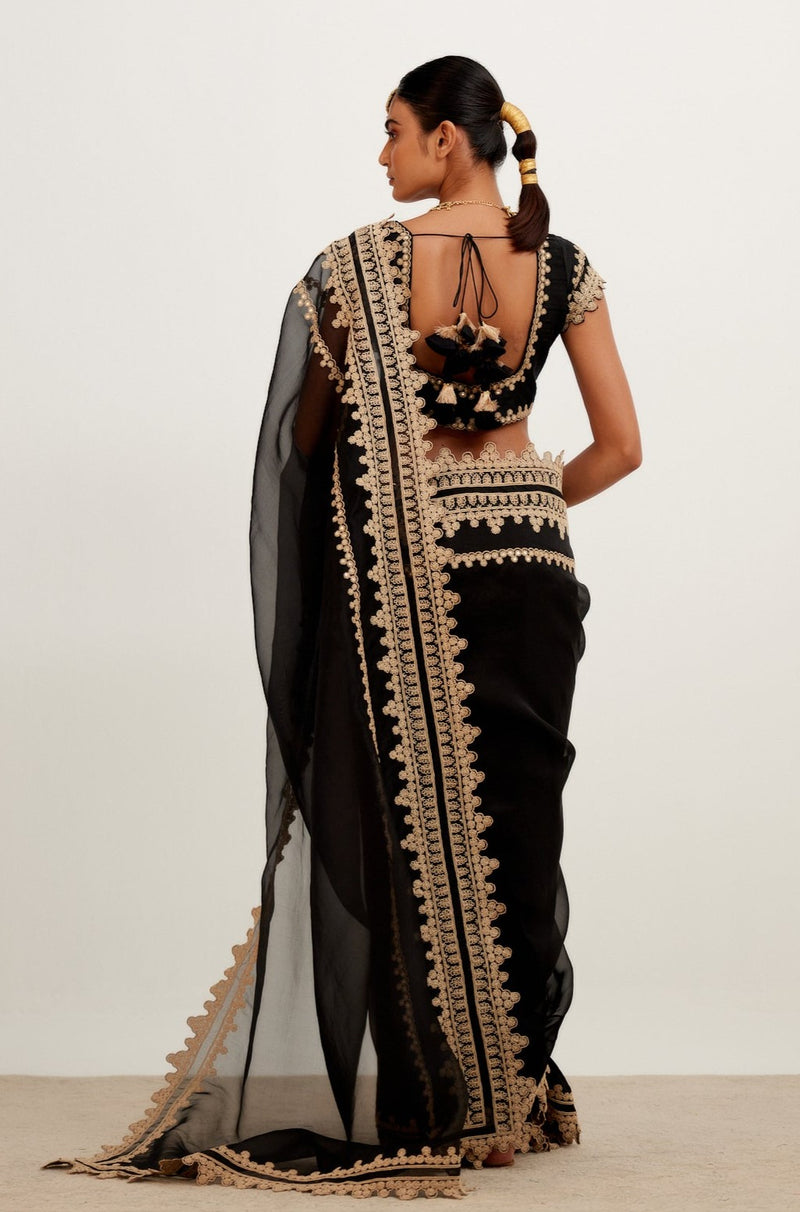 Black Embroidered Georgette Organza Saree