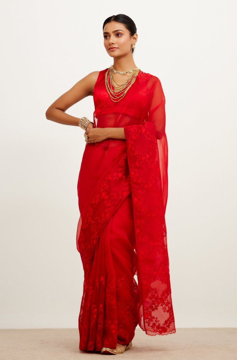 Red Organza Embroidered Saree