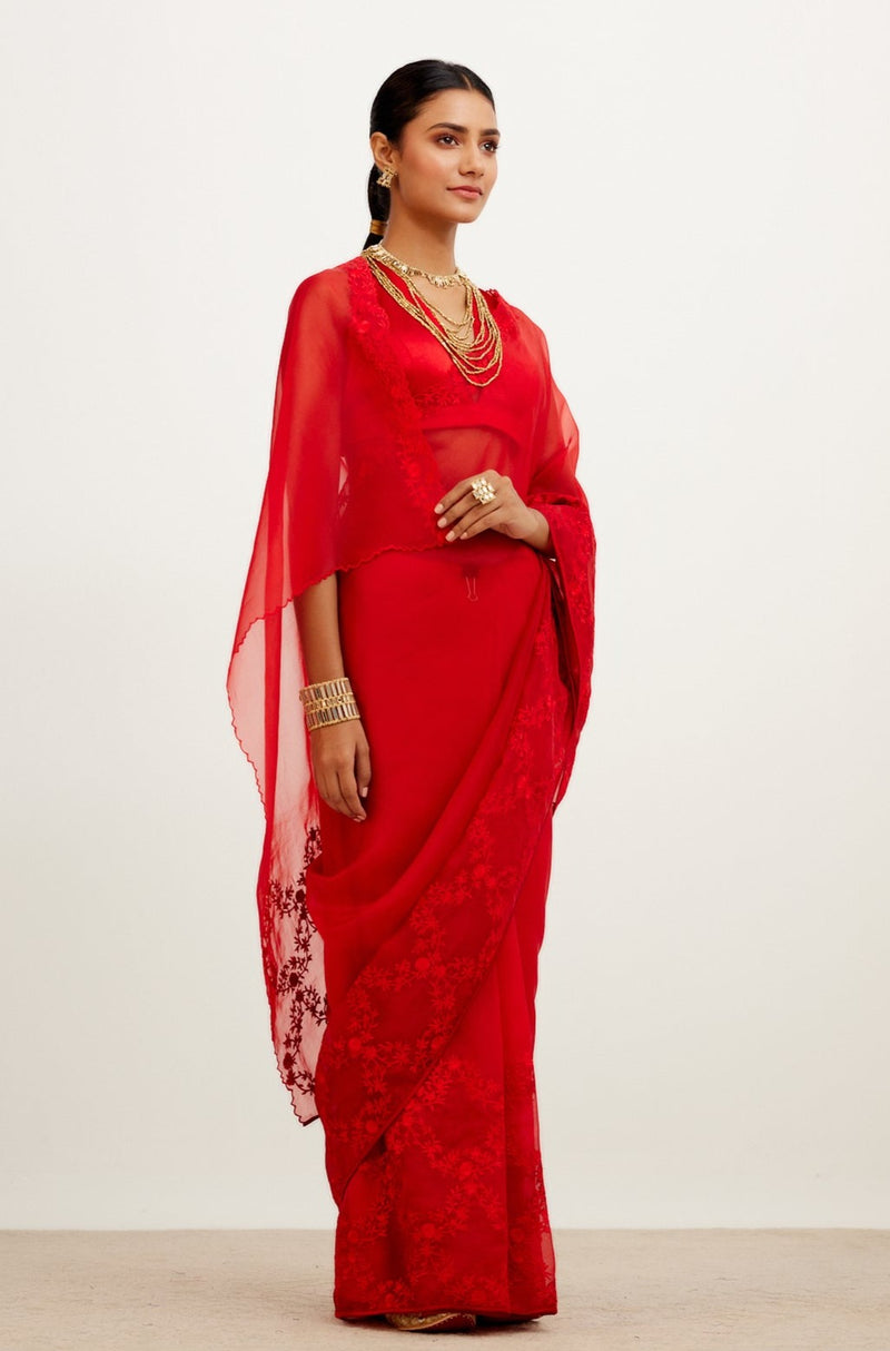 Red Organza Embroidered Saree