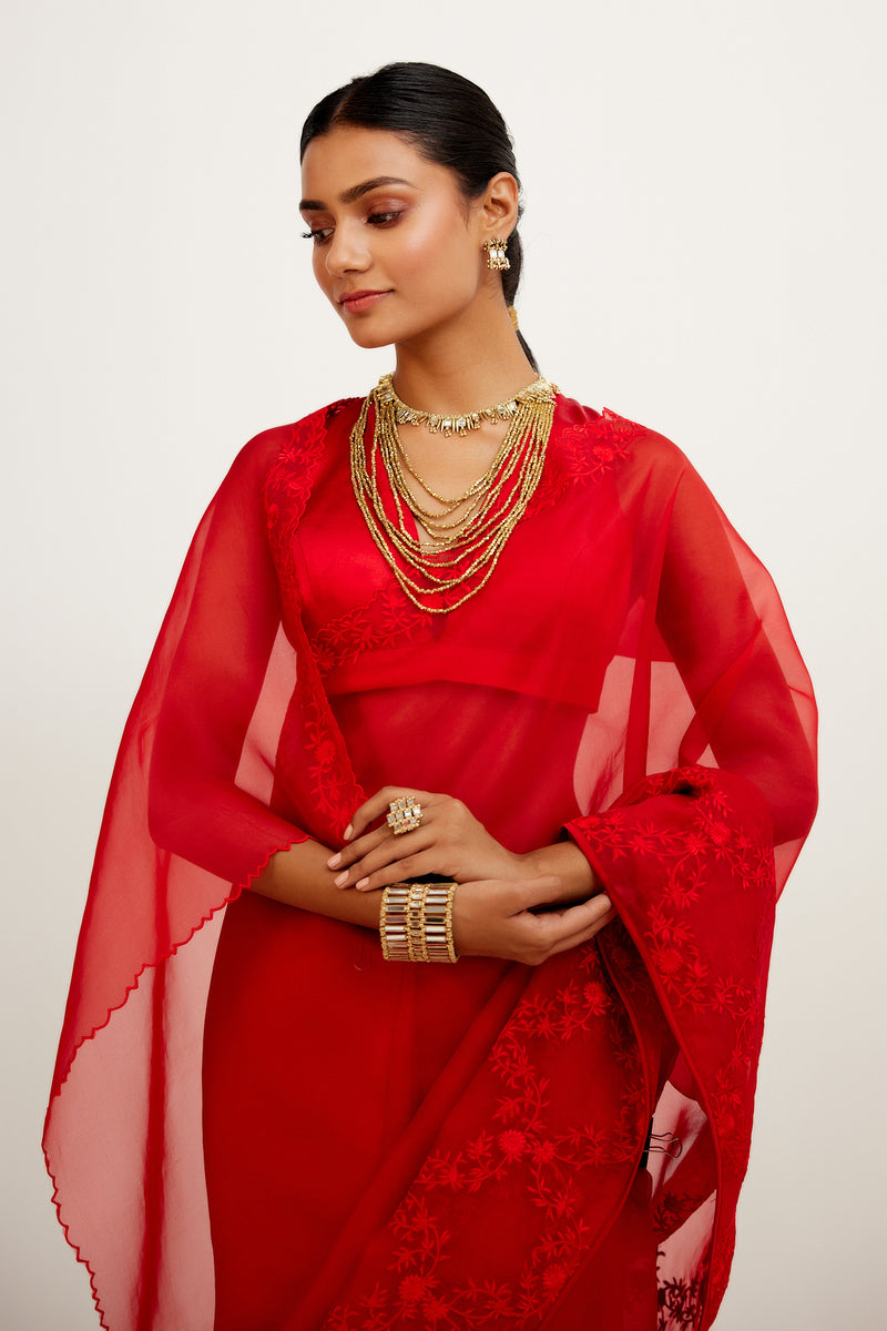 Red Organza Embroidered Saree