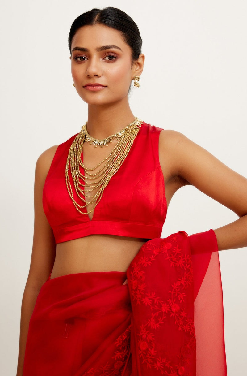 Red Organza Embroidered Saree