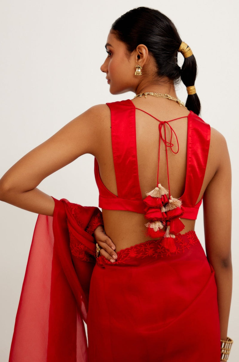 Red Organza Embroidered Saree