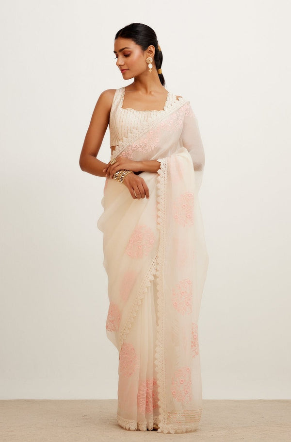 Ivory Pink Silk Organza Saree