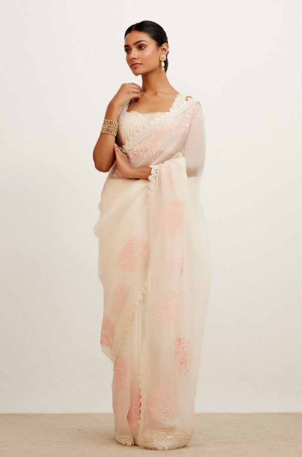 Ivory Pink Silk Organza Saree