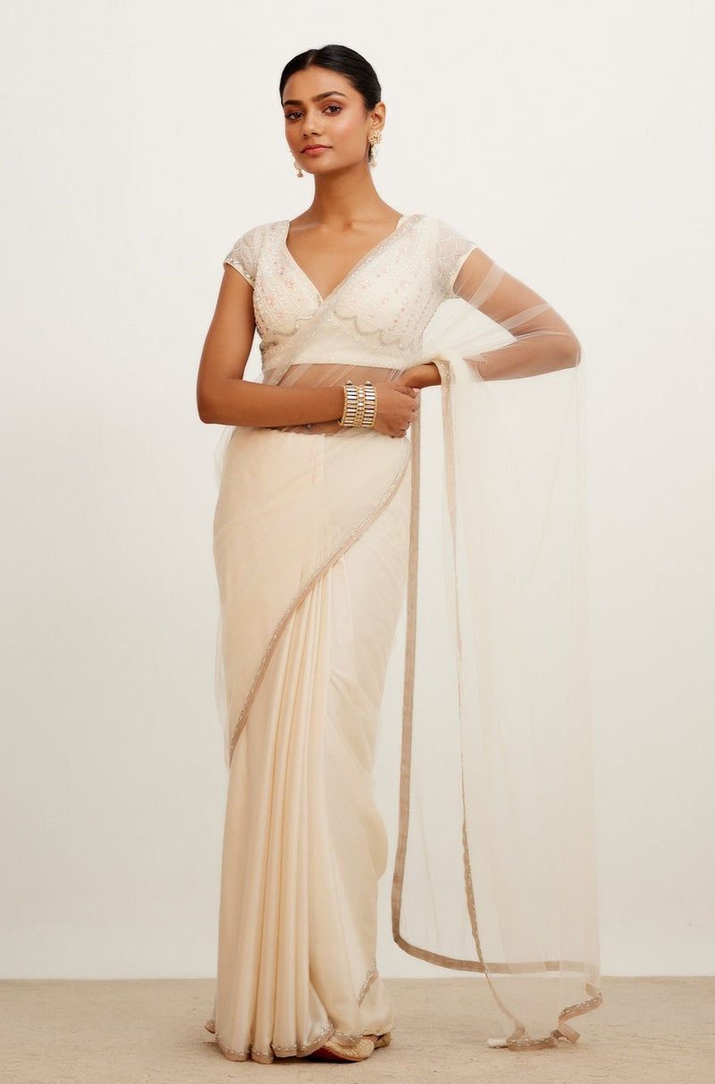 Ivory Embroidered Net and Satin Saree