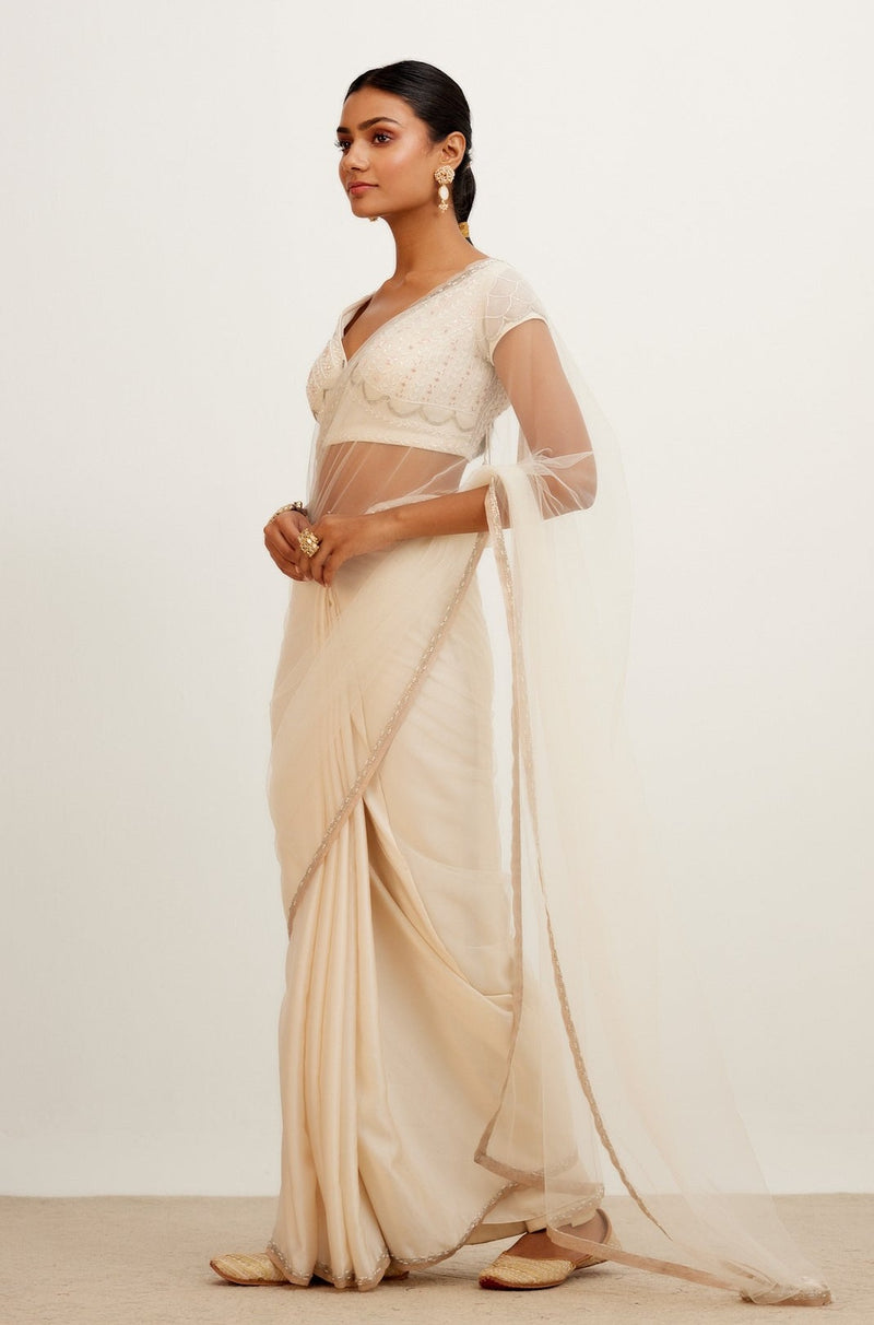 Ivory Embroidered Net and Satin Saree