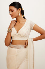 Ivory Embroidered Net and Satin Saree