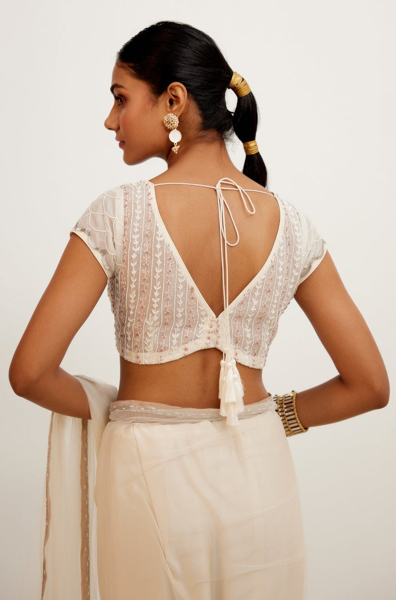 Ivory Embroidered Net and Satin Saree