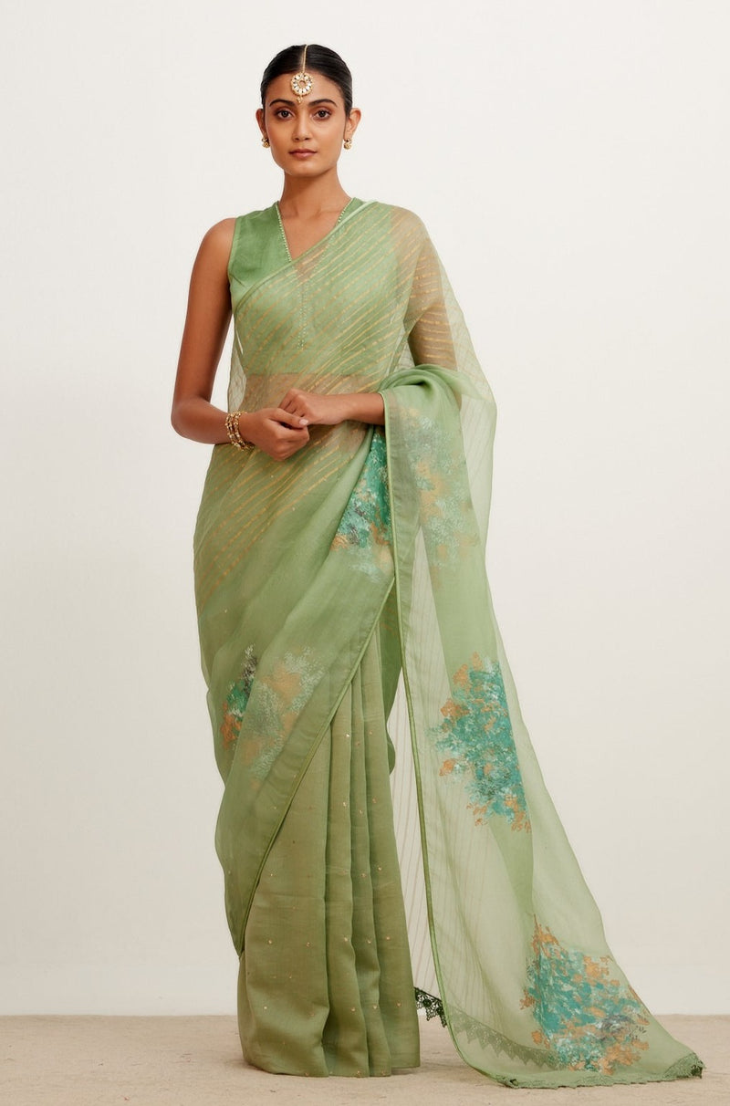 Sage Green Hand-Painted Organza Saree