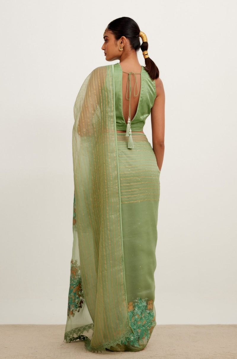 Sage Green Hand-Painted Organza Saree