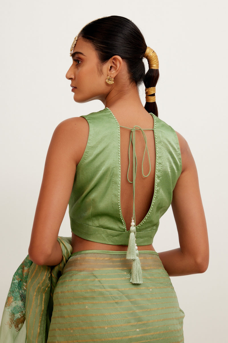 Sage Green Hand-Painted Organza Saree