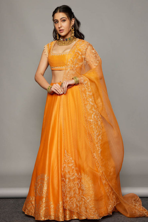 Sara Ali Khan In Orange Hand Block Print Lehenga Set