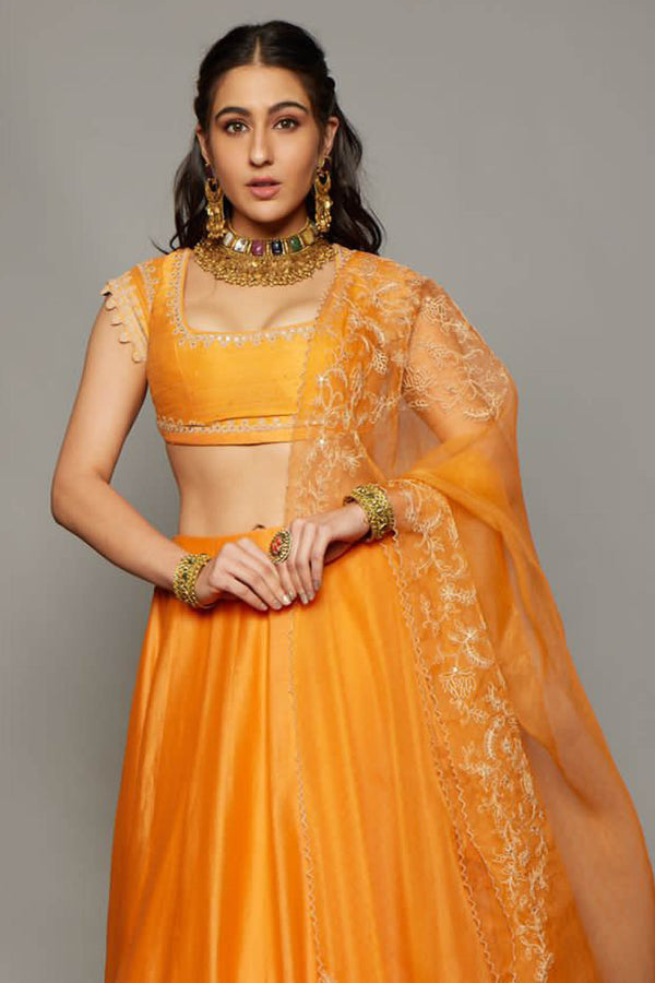 Sara Ali Khan In Orange Hand Block Print Lehenga Set
