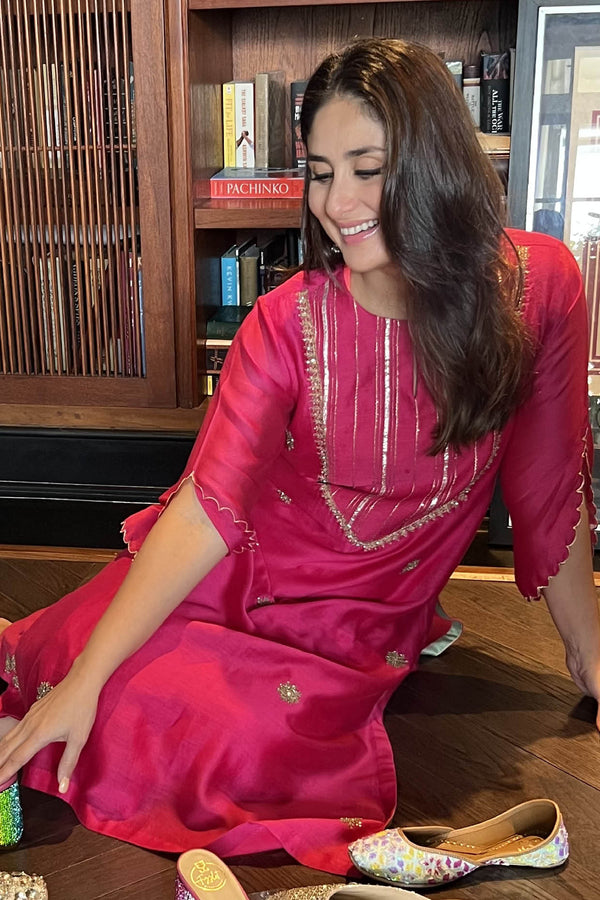 Kareena Kapoor in Fuchsia Hand Embroidered Kurta Set