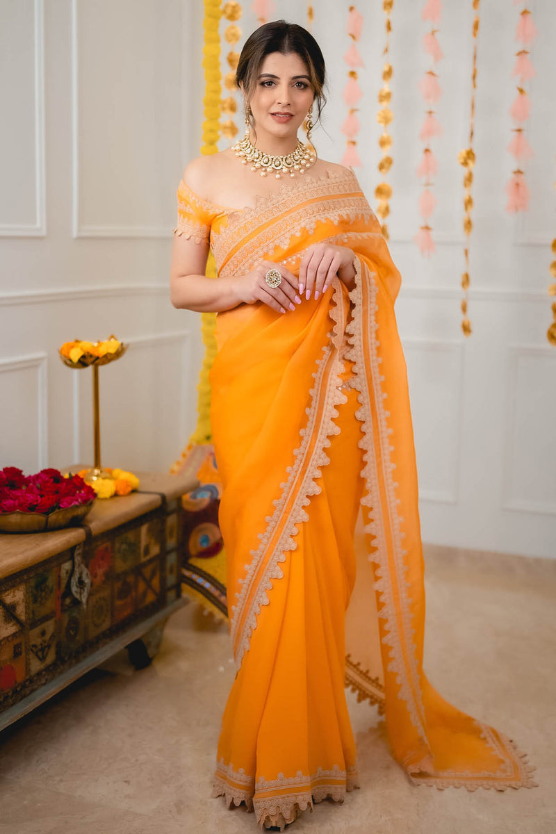 Natasha Luthra in Orange Embroidered Georgette Organza Saree