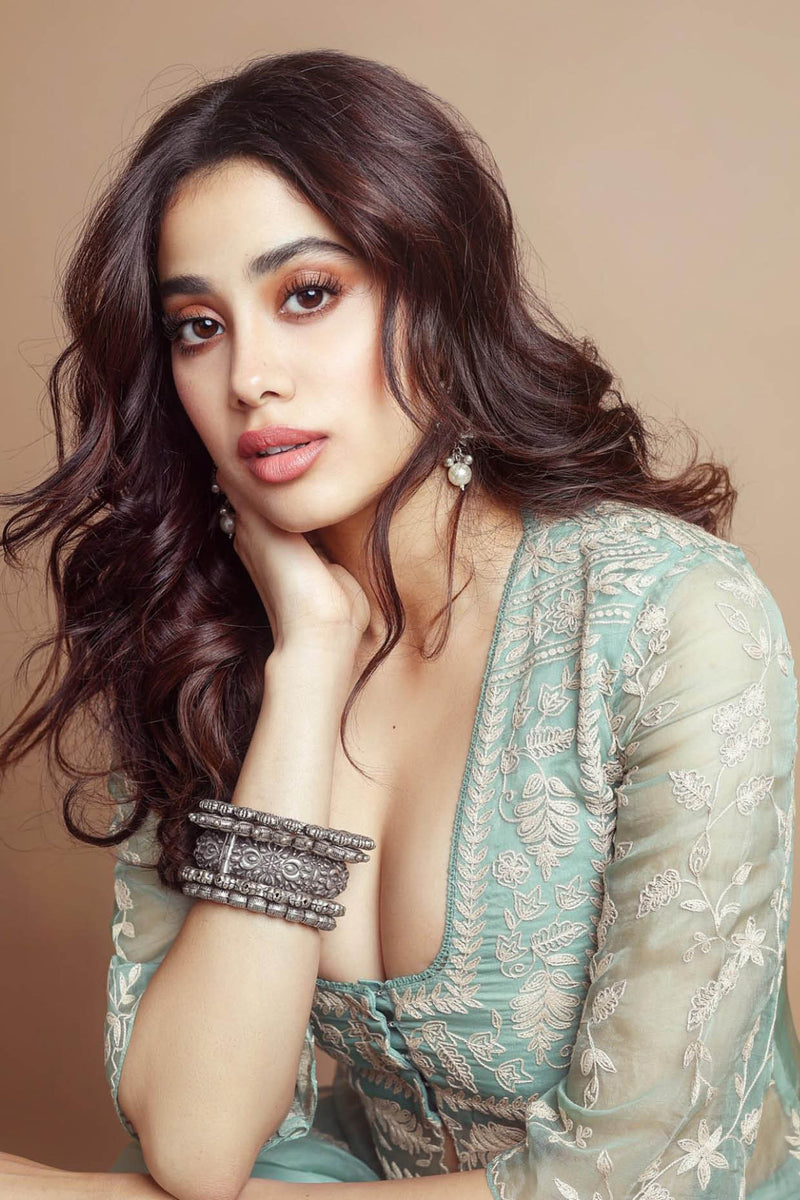 Janhvi Kapoor in Sage Green Slit Silk Organza Kurta Set