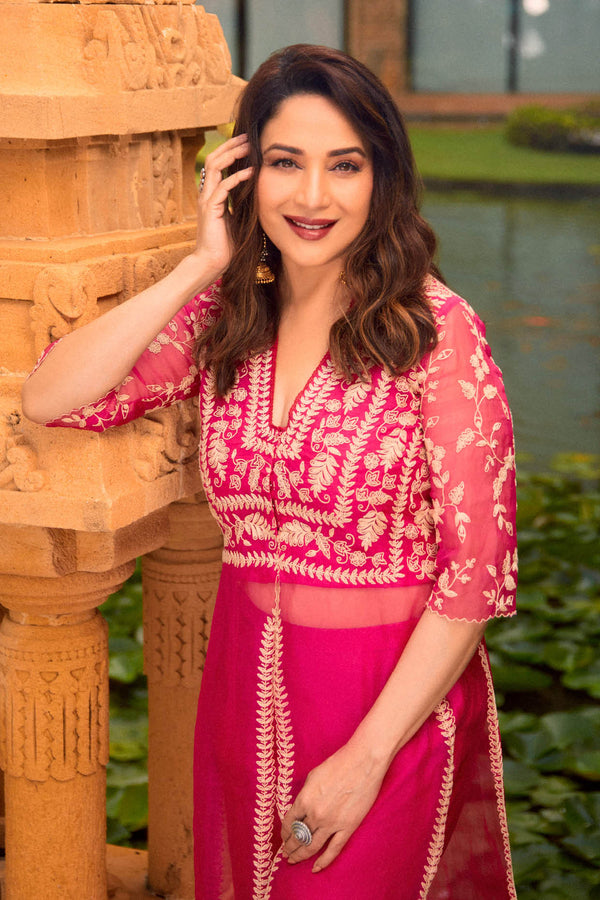 Madhuri Dixit in Fuchsia Slit Silk Organza Kurta Set