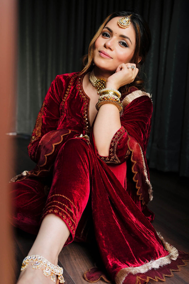 Heena Somani in Maroon Embroidered Velvet Short Kurta Salwar Set