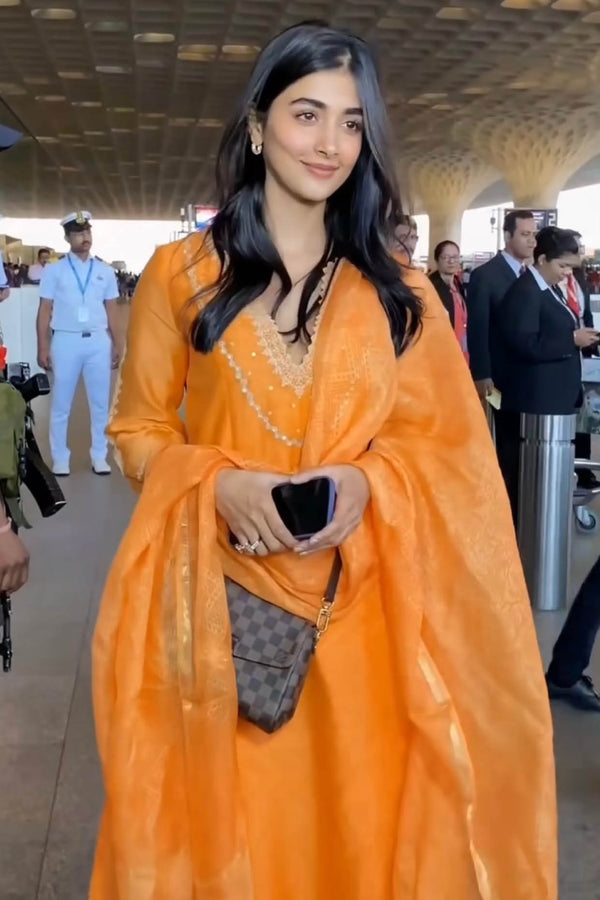 Pooja Hegde in Orange Block Print Embroidered Kurta Set