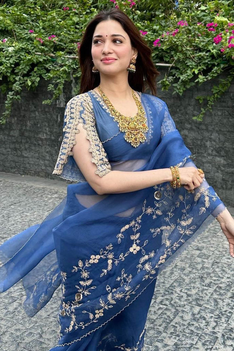 Tamannaah Bhatia in  Blue Embroidered Organza Saree