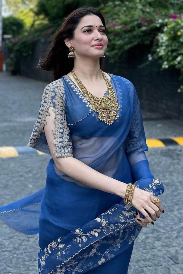 Tamannaah Bhatia in  Blue Embroidered Organza Saree