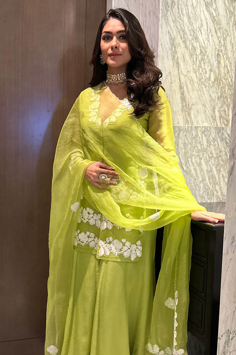 Mrunal Thakur in Green Embroidered Front Slit Sharara Set