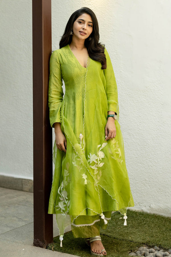 Aishwarya Lekshmi in Green Embroidered Chanderi Anarkali Set