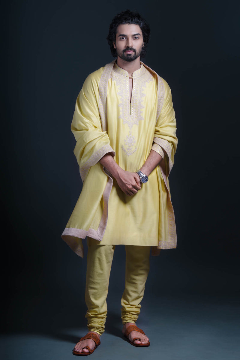 Dev Mohan in Lime Green Embroidered Chanderi Kurta Set