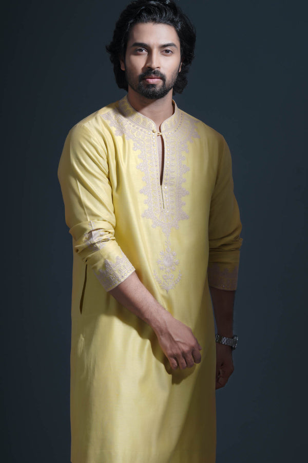 Dev Mohan in Lime Green Embroidered Chanderi Kurta Set