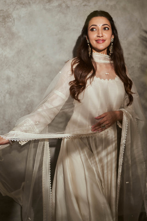 Neha Sshetty in Ivory Chanderi Anarkali Set