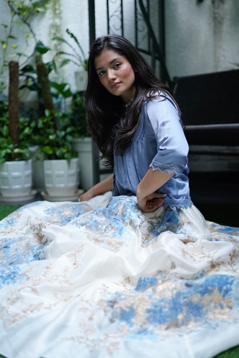 Medha Bahuguna In Ivory Hand Paint Skirt with Ash Blue Top