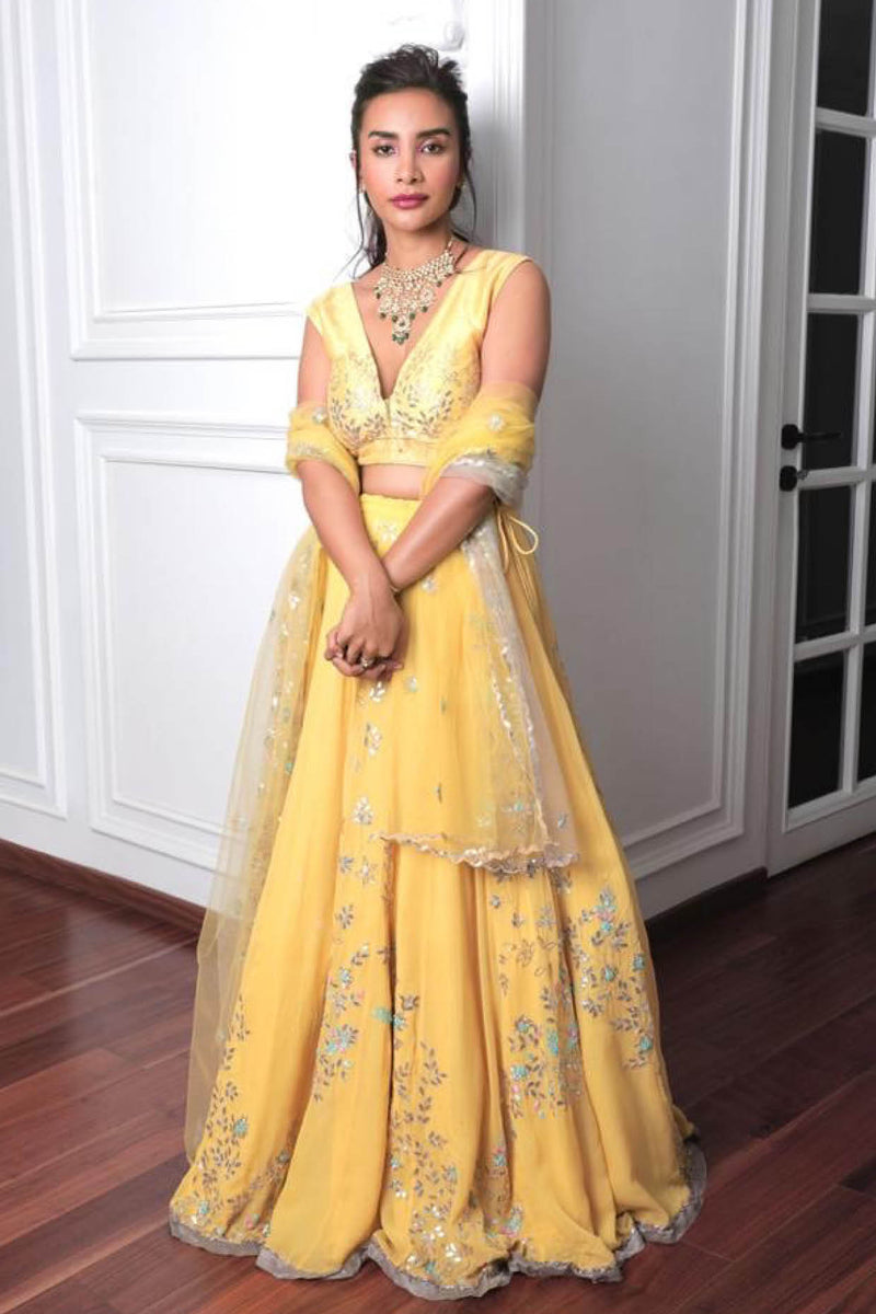 Patralekha Paul in Lemon Georgette Lehenga with Raw Silk Blouse