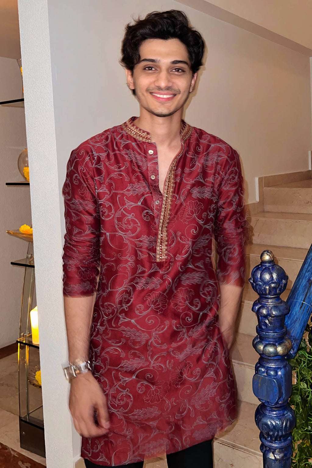 USAAMAH SIDDIQUE IN MAROON BLOCK PRINTED KURTA SET