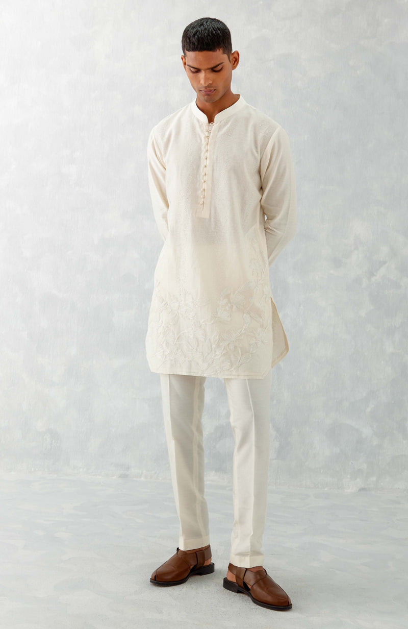 Ivory Floral Embroidered Chanderi Short Kurta Set