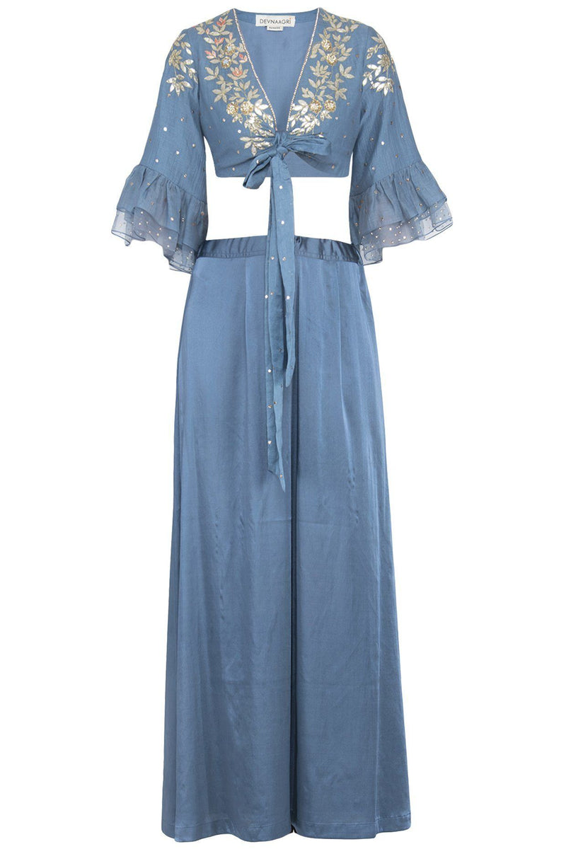 Airforce Blue Saree with Mul Mukaish Blouse - devnaagri