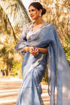 Aahana Kumra In Airforce Blue Saree With Mul Mukaish Blouse