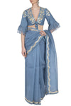 Airforce Blue Saree with Mul Mukaish Blouse - devnaagri
