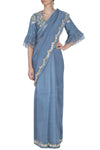 Airforce Blue Saree with Mul Mukaish Blouse - devnaagri