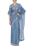Airforce Blue Saree with Mul Mukaish Blouse - devnaagri