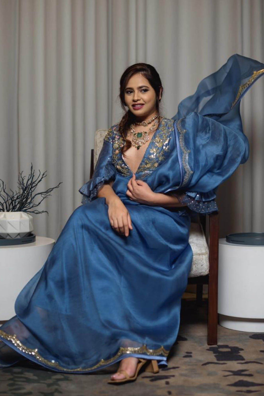 Aayushi Bangur in Airforce Blue Saree with Mul Mukaish Blouse