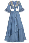 Blue Layered Lehenga with Mul Mukaish Blouse - devnaagri