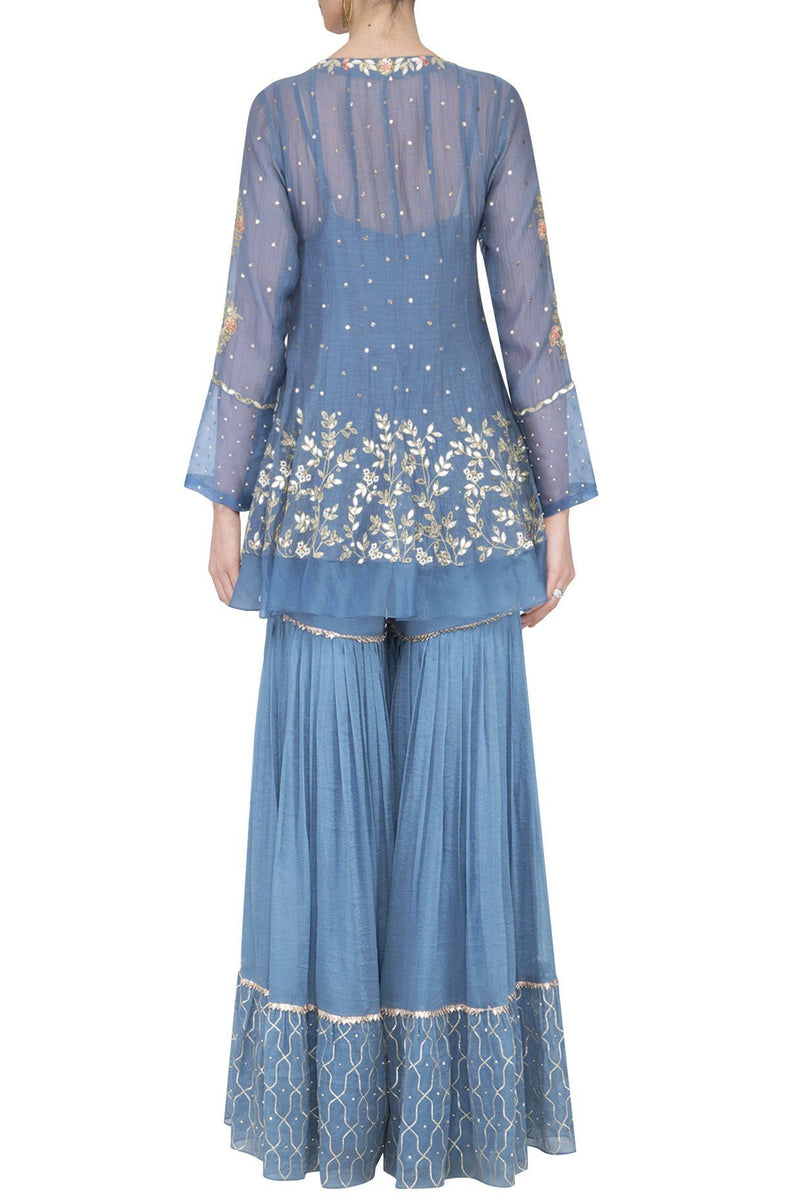 Airforce Blue Angrakha Kurta with Sharara - devnaagri