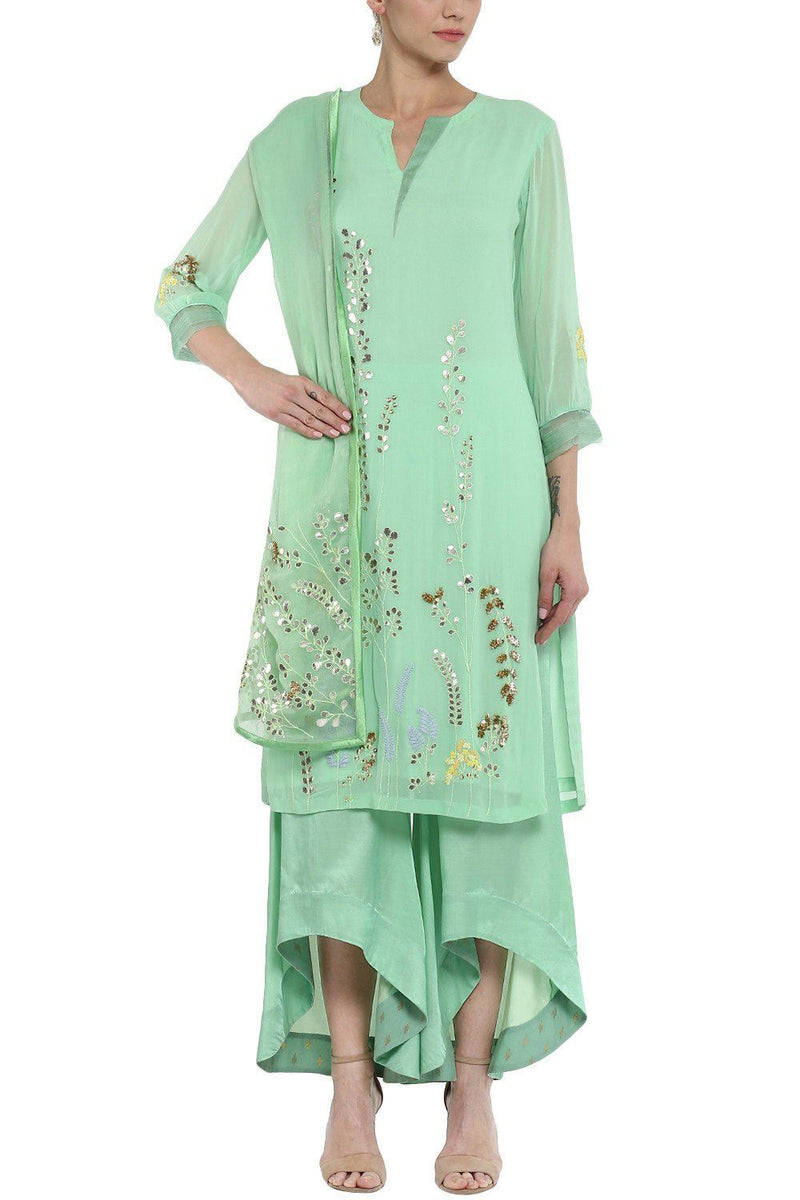 Green Asymmetrical Pallazo with Kurta - devnaagri